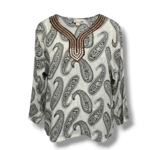 Shaili women's off white paisley print long sleeves silky blouse - xxl